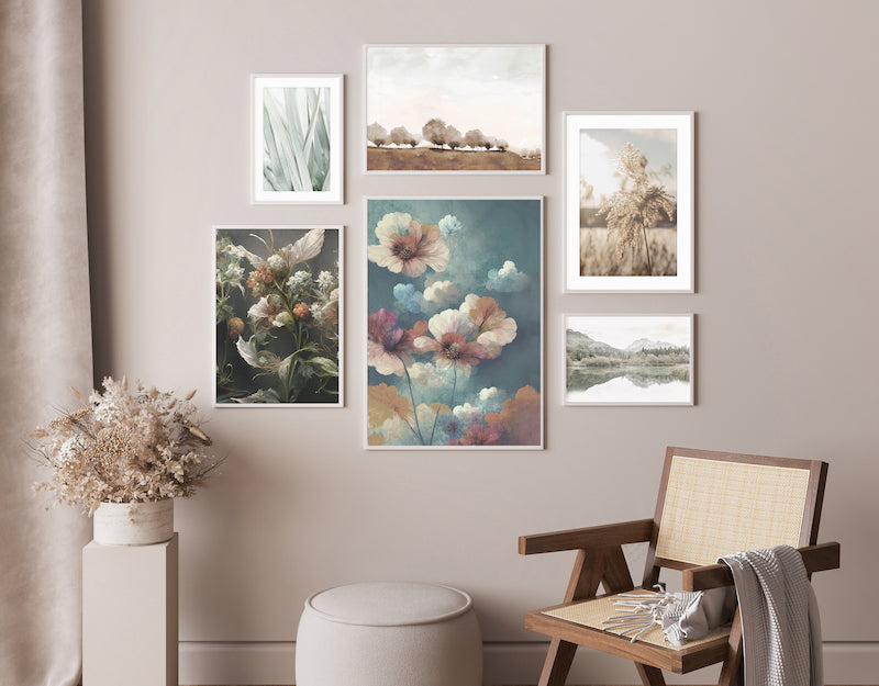 Dark green and wooden vintage botanical wall art, set of 2 and pictured in a dark green living room.
