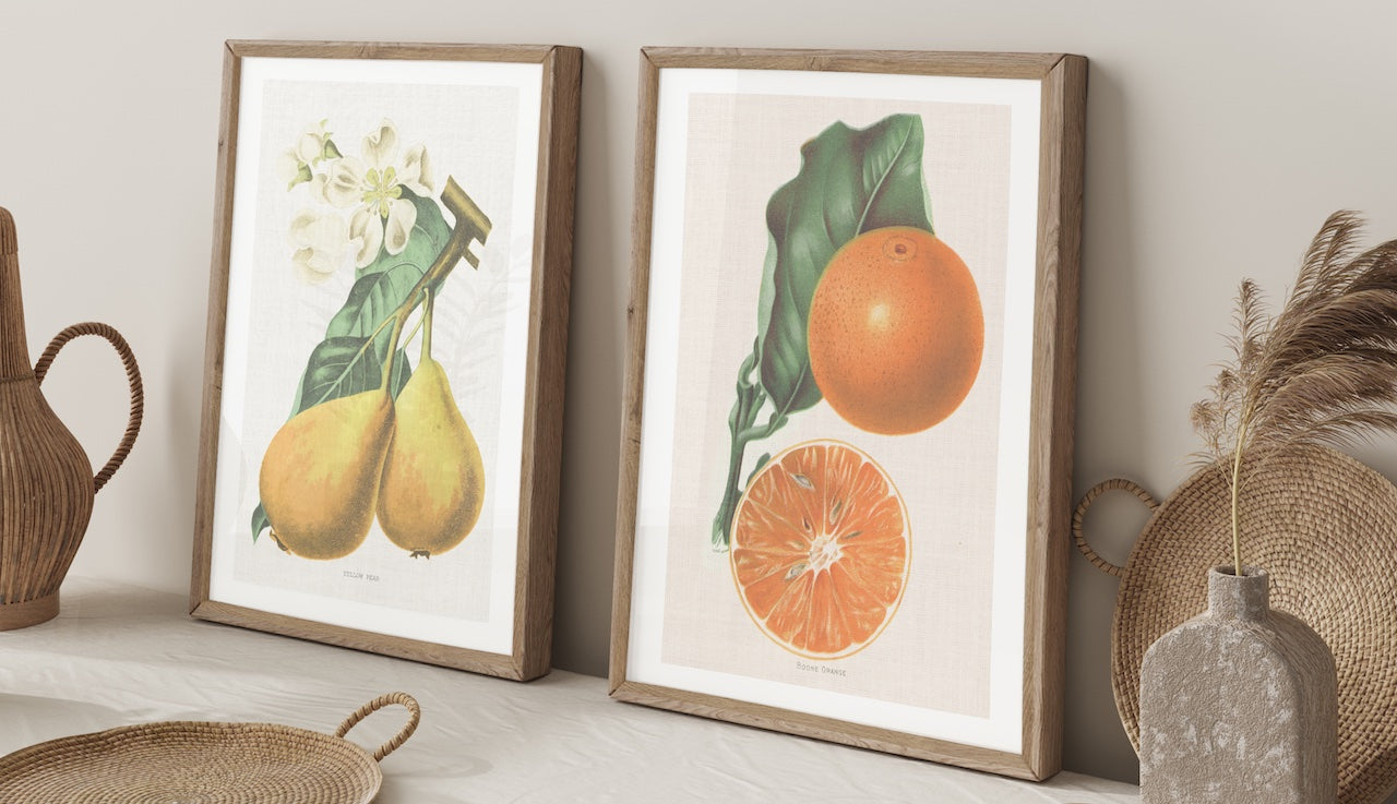 Pear and Orange Fruit framed Prints in a neutral Kitchen. 