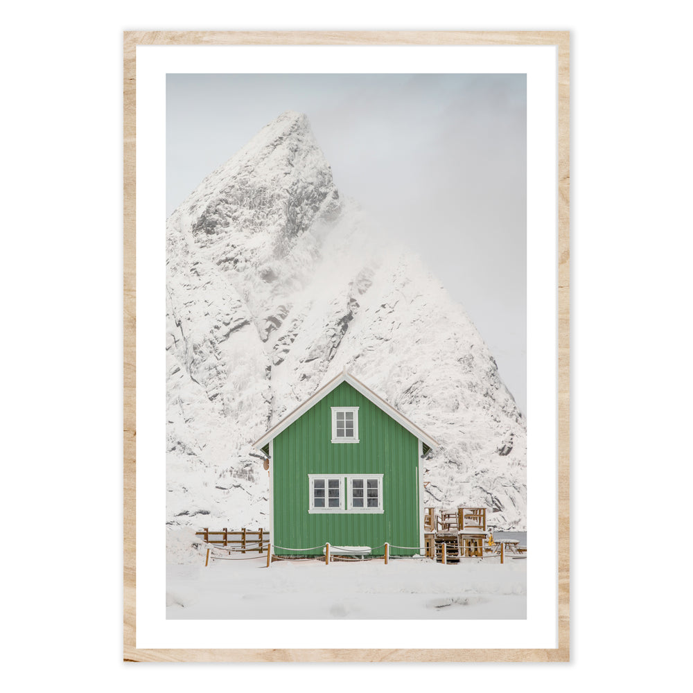 Snowy Green Cabin Photographic Festive Wall Art Print