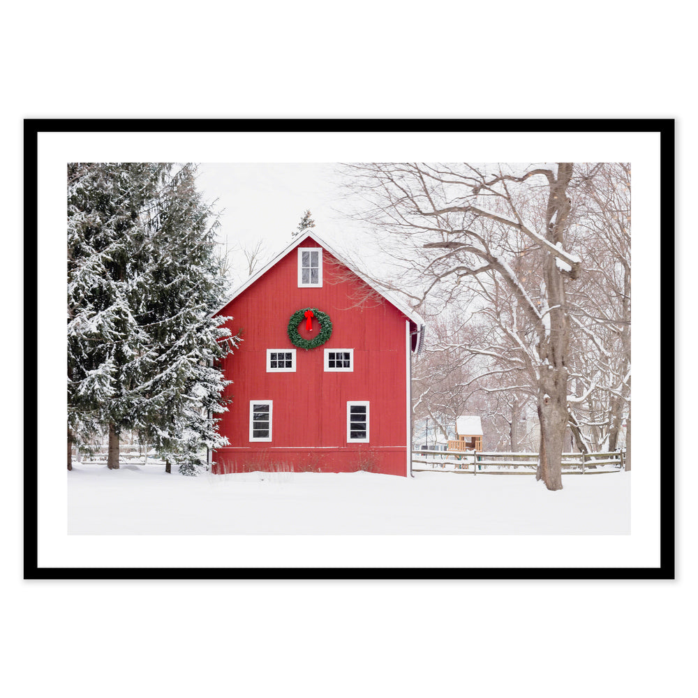 Snowy Red Cabin Festive Print