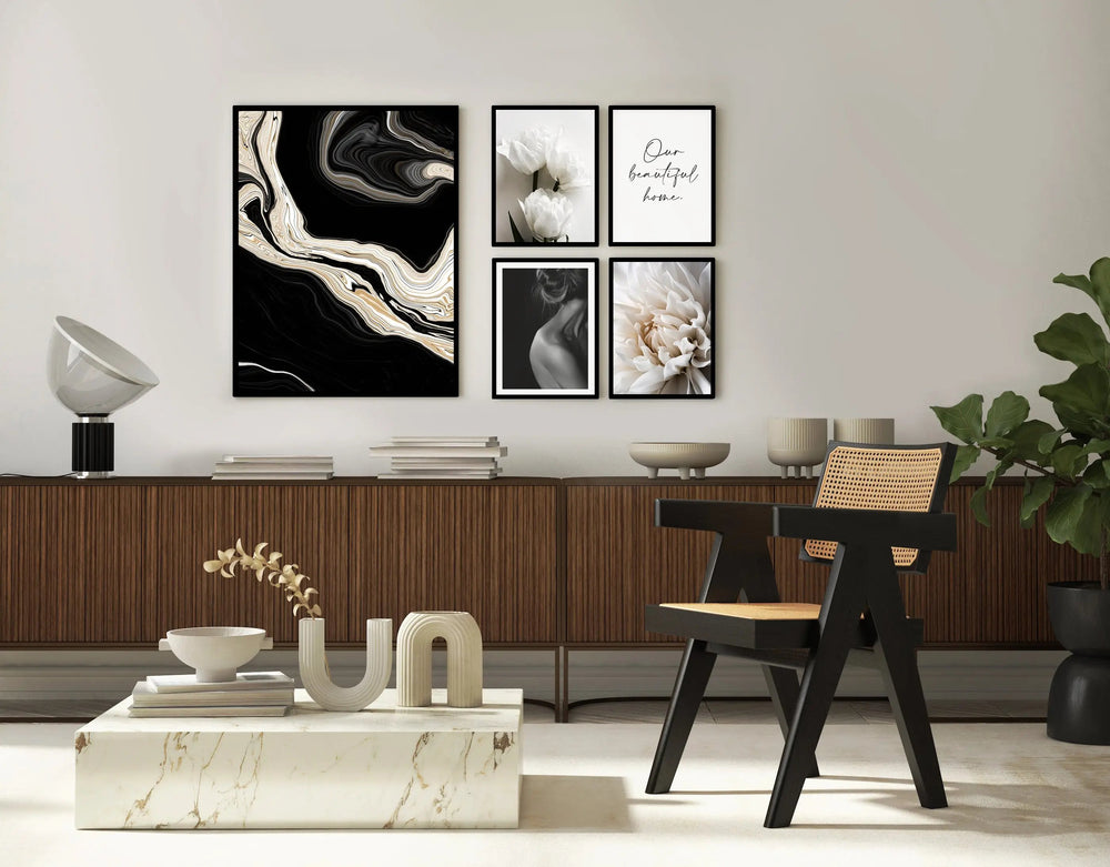 Black Agate Black and White Abstract Wall Art - Luxurious Modern Design