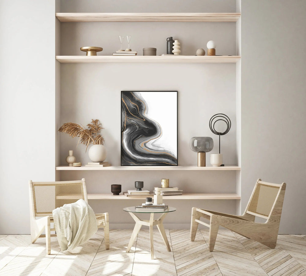 Black Marble Monochrome Abstract- Elegant and Luxurious Wall Art