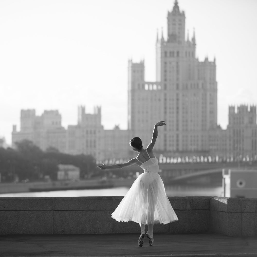 Ballerina in the City Black and White Photographic Print - Romantic Elegance